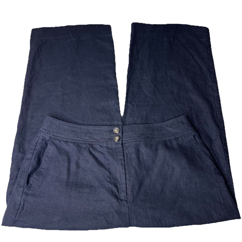 Boden Pants Womens 10 Navy 100% Linen Cropped Wide Leg Hi Rise Trousers 25”